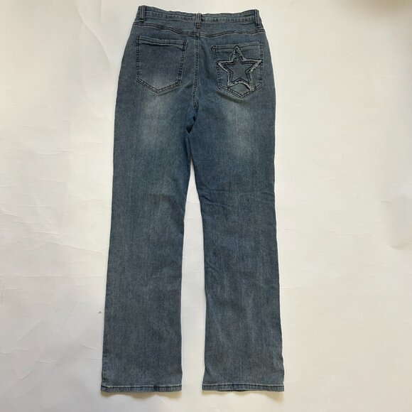 ROMWE Womens Blue Denim Jeans Embroidered Stars patchwork Size XL US 12 Casual - Picture 7 of 12